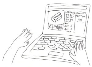 Drawing of someone buying Larz Cardz on Amazon - The Best Adult Party Drinking Game - Lars Cards